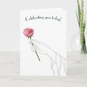 Cartão Aniversário Mão Segurando uma Rosa Rosa