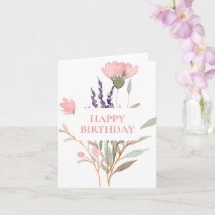 Cartão Aniversário Minimalista Pastel Floral Watercolor