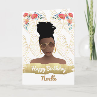Cartão Aniversário, Mulher Negra, Flores Whimsical Dourad
