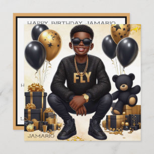 Cartão Aniversário negro/Dourado do na moda Afro-American