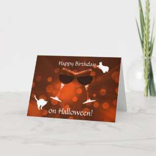Cartão Aniversário no Halloween Vinho e Bruxa Gato Fofo