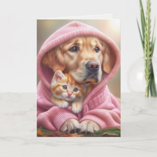 Cartão Aniversário Ouro Retriever e Kitten em um Hoodie