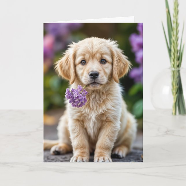 Cartão Aniversário Ouro Retriever Puppy Com Lilacs (Frente)