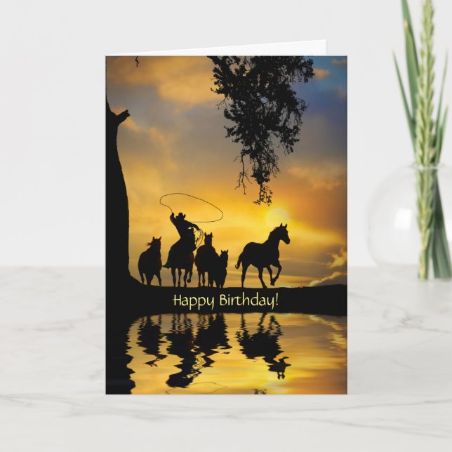 Cartão Aniversário País Ocidental Cowboy Feliz Trilhos (Frente)