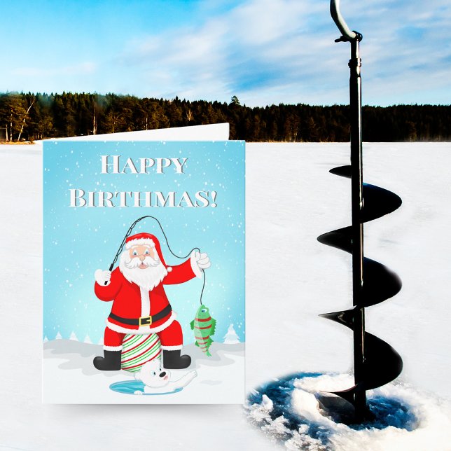 Cartão Aniversário Papais noeis De Gelo Que Pescam Com Ur (Santa and a polar bear ice fishing: the perfect whimsical birthday card!)