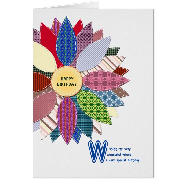 Cartão Aniversário para amigo, flor costura (Frente)