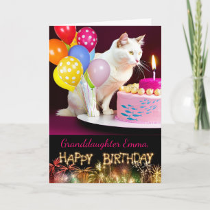 Cartão Aniversário para neta com gato branco e bolo