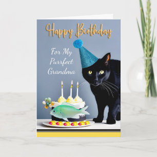 Cartão Aniversário para vovó com gato preto e bolo