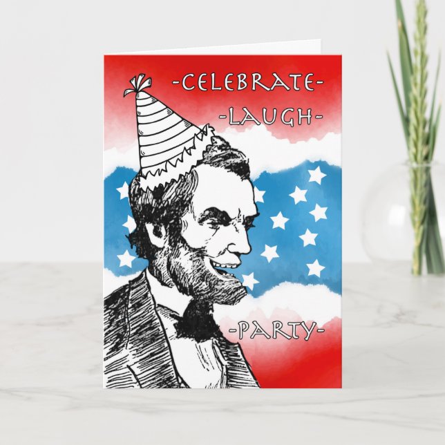 Cartão Aniversário Patriótico com Abraham Lincoln Rindo (Frente)
