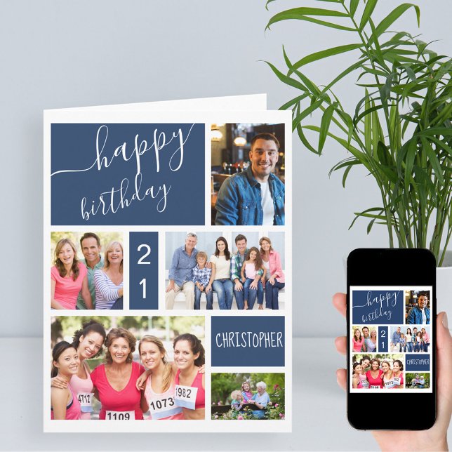 Cartão Aniversário Personalizado Azul de Colagem de Fotog (Criador carregado)