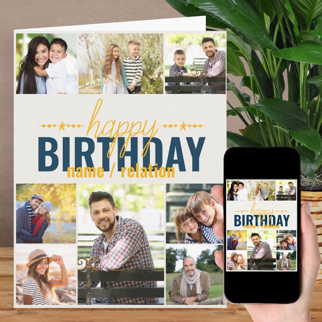 Cartão Aniversário Personalizado Azul de Colagem de Fotos (Criador carregado)