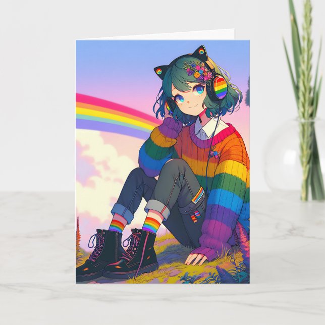 Cartão Aniversário Personalizado Da Garota Anime Rainbow  (Frente)