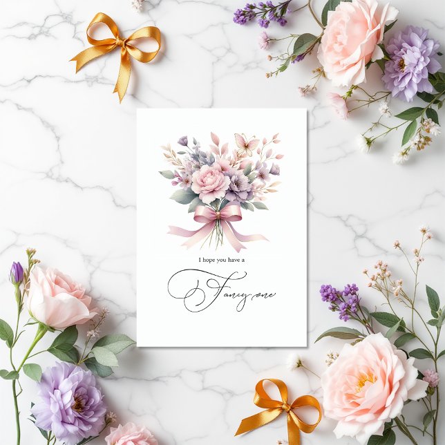 Cartão Aniversário Personalizado do Arco Floral Elegante  (Elegant Floral Bow "Fancy One" Custom Birthday Card)