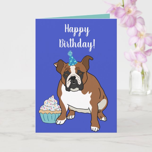 Cartão Aniversário personalizável do Bulldog Inglês (Orquídea)