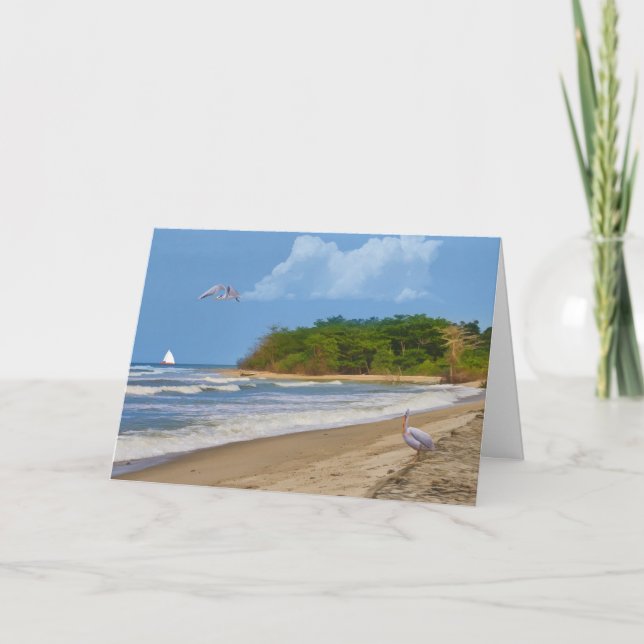 Cartão Aniversário, praia tropical, pássaros (Frente)