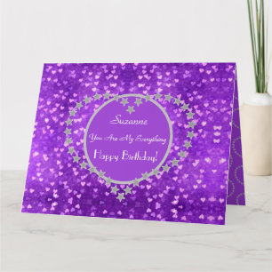 Cartão Aniversário Roxo Romântico Personalizado com Coraç