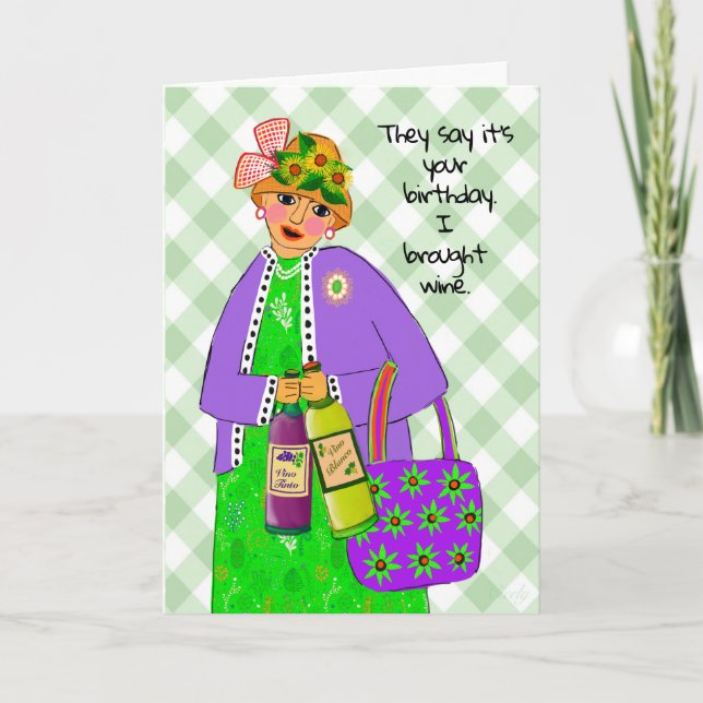 Cartão Aniversário Senhora vestida como Rainha Traz Vinho (Frente)