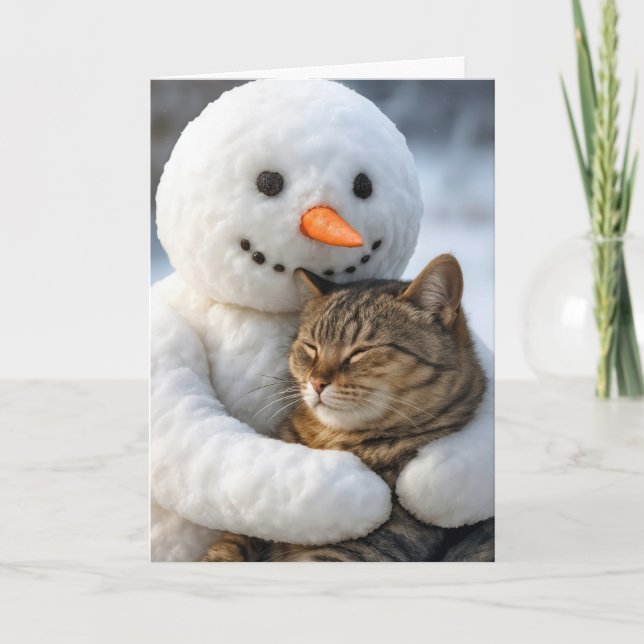 Cartão Aniversário Snowman a Abraçar um Gato de Tabby (Frente)