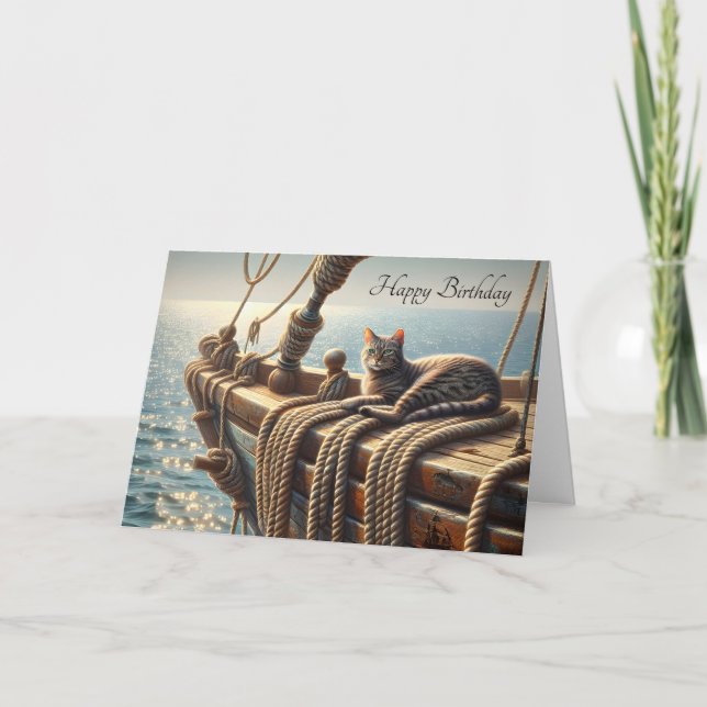 Cartão Aniversário Tabby Cat Em Cabras Náuticas (Frente)
