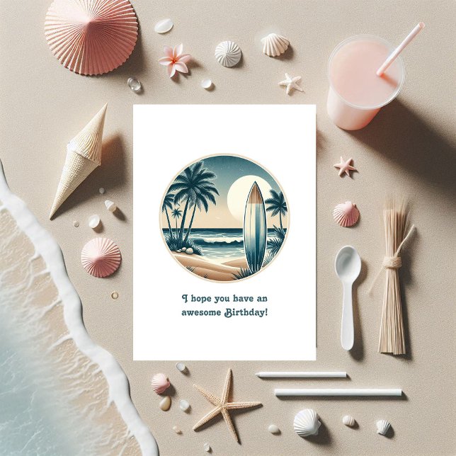 Cartão Aniversário Tropical do Beach Club Surfboard (Beach Club Surfboard Tropical Birthday Card)
