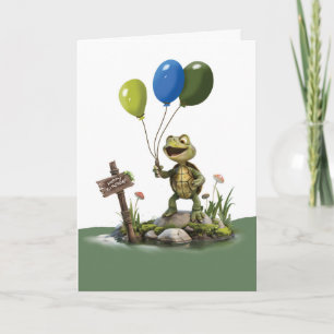 Cartão Aniversário Turtle Whimsical Segurando Balões
