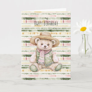 Cartão Aniversário Urso de Pelúcia Listras Rosa Verde Ama
