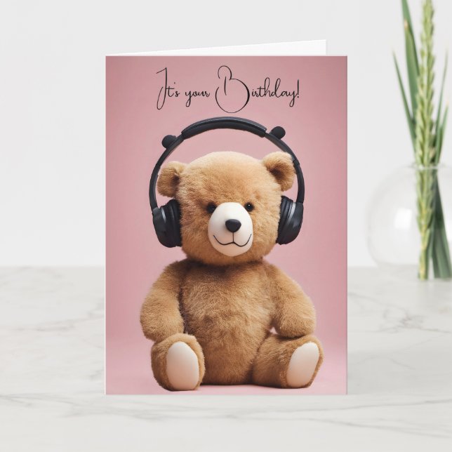 Cartão Aniversário Urso De Teddy Com Fones de ouvido (Frente)