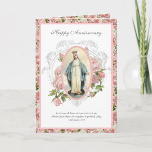 Cartão Aniversário Vintage Religioso Virgem Maria Rosas