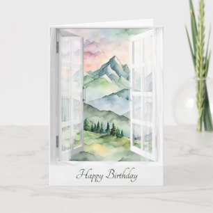 Cartão Aniversário - Vista de Montanha de Aquarela na Jan