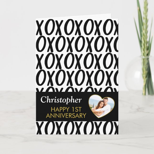 Cartão Aniversário XOXO Hugs Kisses White Foto Preta (Frente)