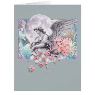 Cartão Anjo ao Luar — Lua & flores cor-de-rosa, paleta su