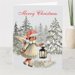 Cartão Anjo e Coelho de Natal Vintage