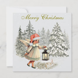 Cartão Anjo e Coelho de Natal Vintage