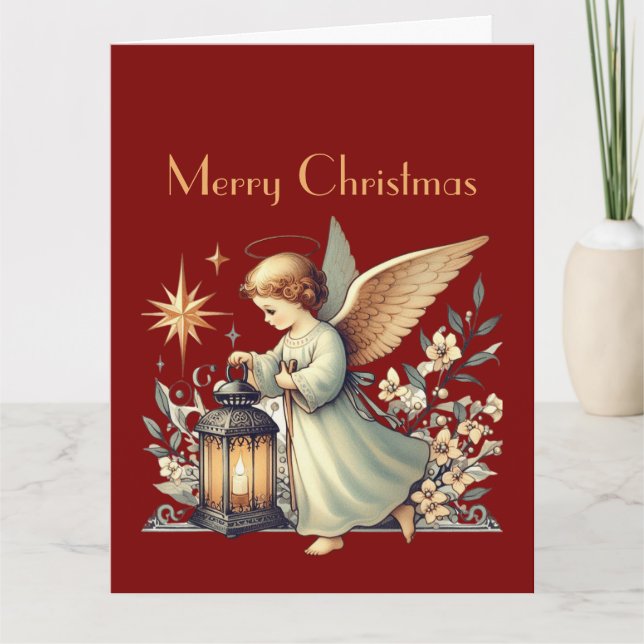Cartão Anjo e Lanterna de Natal Vintage (Frente)