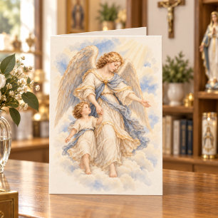 Cartão Anjo Guardião Vintage e Saudação Católica Infantil