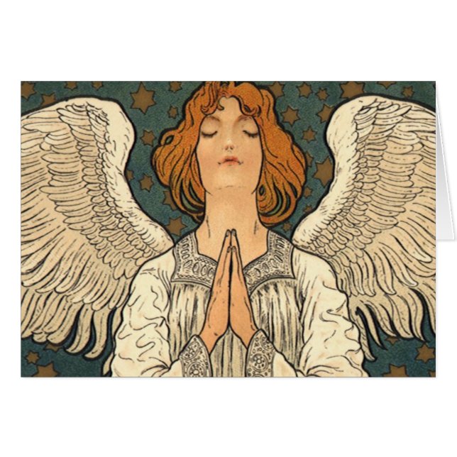 Cartão Anjo Religioso Antigo Rezando com Estrelas Dourada (Frente Horizontal)