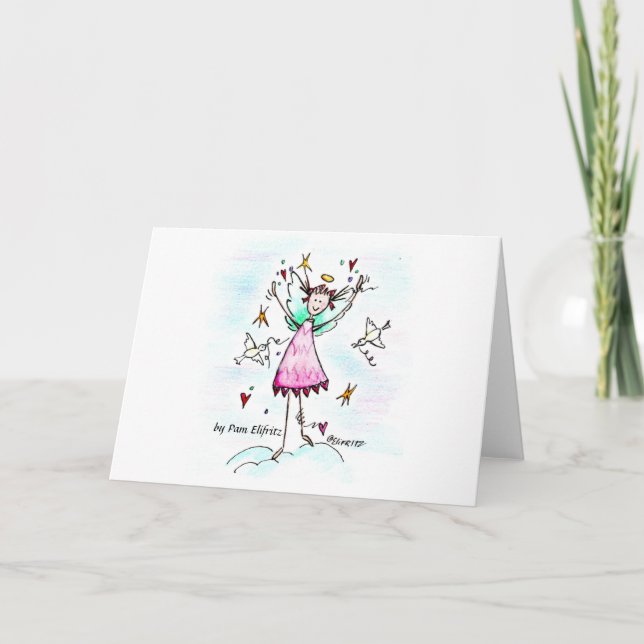 Cartão Anjo Vermelho Trazendo Corações com Doves da Paz (Frente)