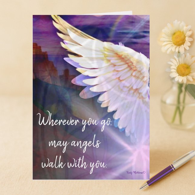 Cartão Anjos Caminham Com Você Anjo Roxo (Watercolor style illustration card of angel's wing purple hues with message ‘"Angels walk with you")