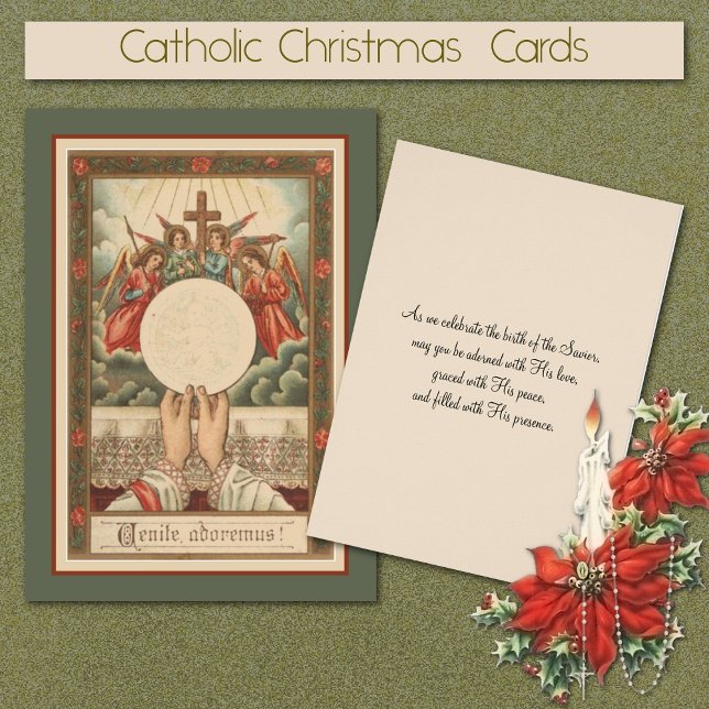Cartão Anjos de missa católicos latinos (Traditional Catholic Christmas Cards with Latin Text Venite Adoremus "O Come Let Us Adore Him")