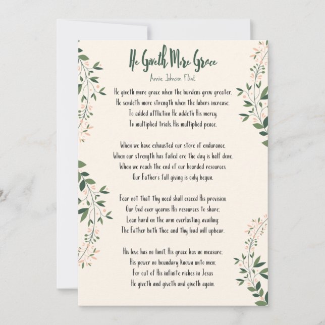 Cartão Annie Johnson Flint - 'Ele dá mais graça' (Frente)