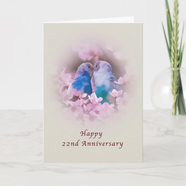 Cartão Anniversary, 22nd, Loving Parakeets, Pink Flowers (Frente)