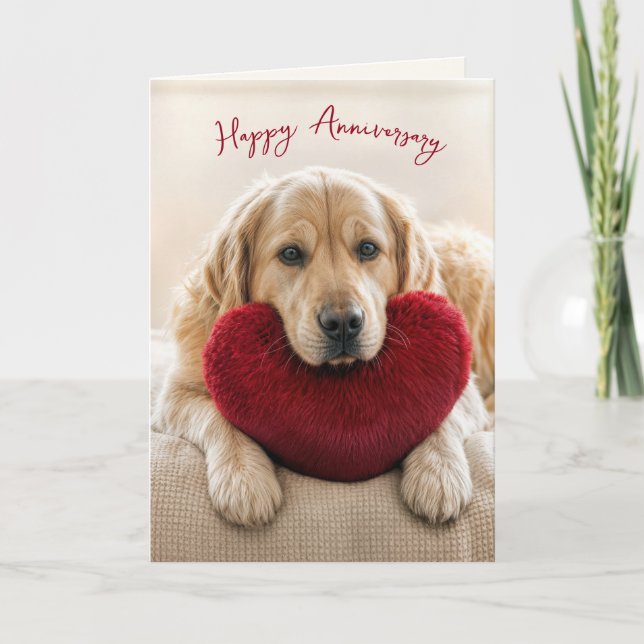 Cartão Anniversary Golden Retriever with Heart Pillow (Frente)