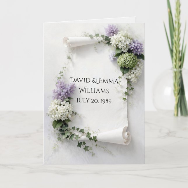 Cartão Anniversary Scroll with Lilacs and Hydrangeas  (Frente)