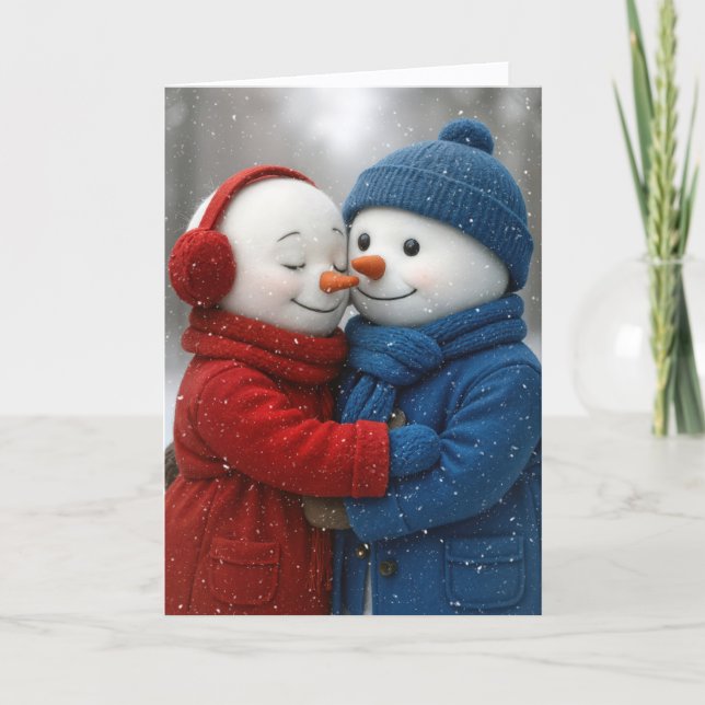 Cartão Anniversary Snowman Couple in Snowflakes (Frente)