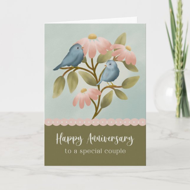 Cartão Anniversary to a Special Couple Floral Blue Bird  (Frente)