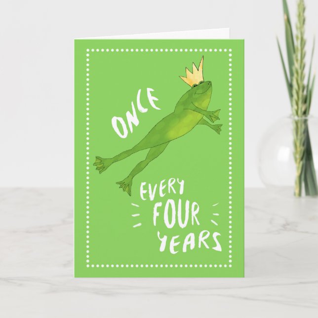 Cartão Ano Leap Aniversário Pulando Sapo com Coroa (Frente)