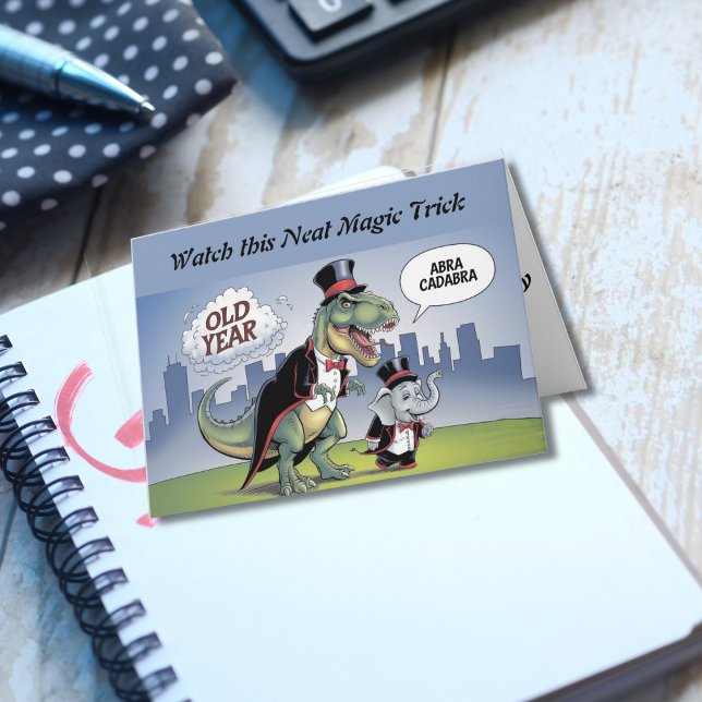 Cartão Anos novos T-rex e elefantes anos novos de truques (Criador carregado)