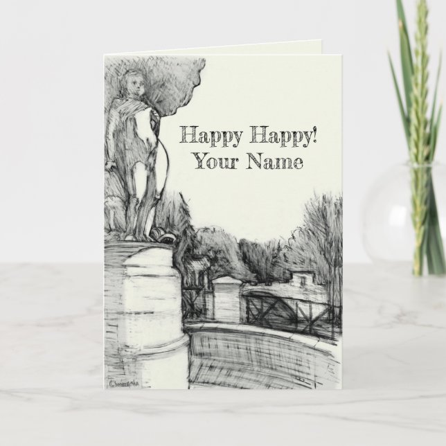 Cartão Antiga fonte no parque com o menino da escultura (Frente)