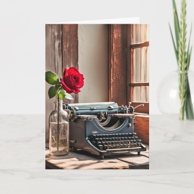 Cartão Antiga máquina de escrever e Rosa de aniversário (Frente)