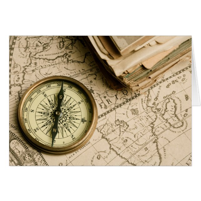 Cartão Antigo Compass Sobre Mapa Antigo (Frente Horizontal)
